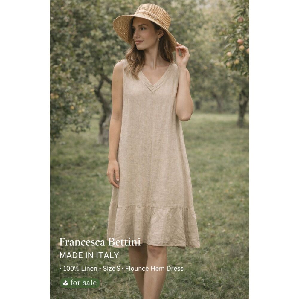 Francesca Bettini Italy 100% Linen Beige Sleeveless Dress Size S Flounce Hem
